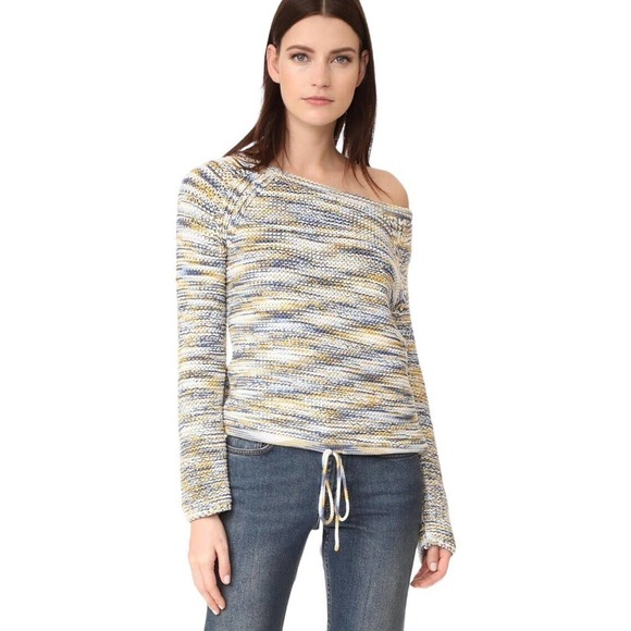 Theory Coella Knit Sweater Size Small Denim Mix Soft Chain Drawstring Boatneck - Picture 1 of 16